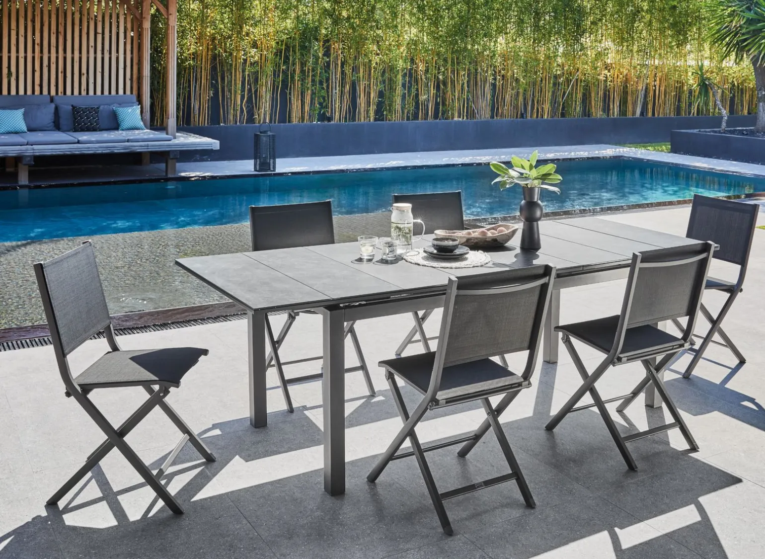 Table Hivaoa 180/240cm, plateau à lames HPL